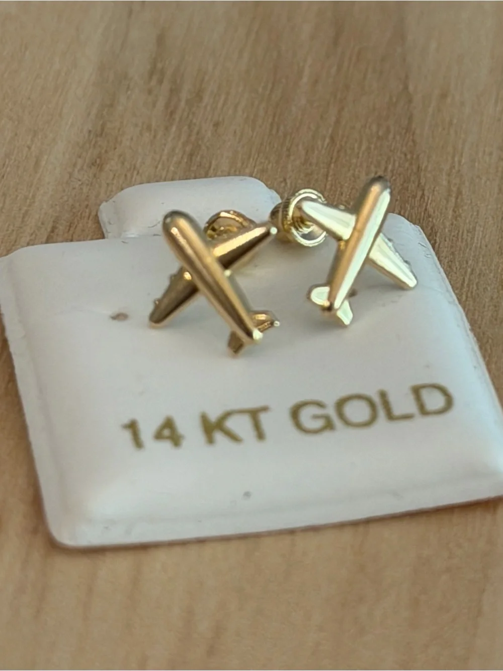 14K Solid Gold Airplane Earring With Screw Back Bell Backing Ball